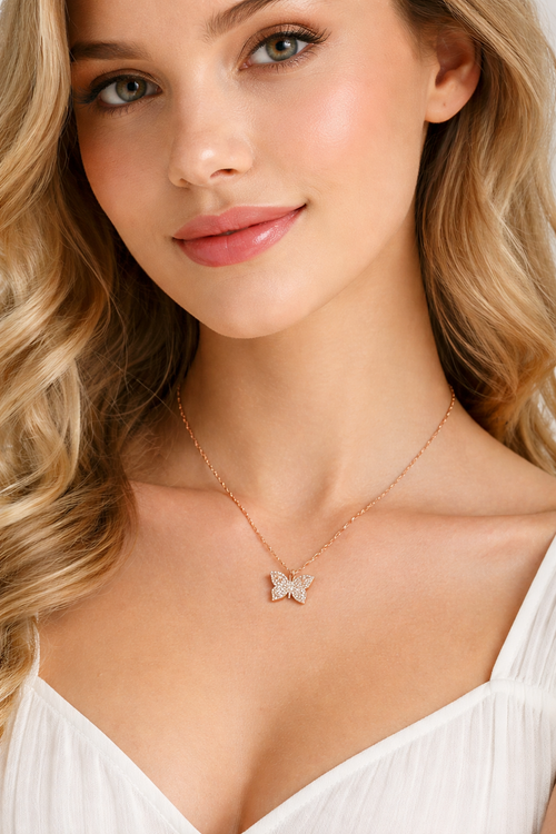 925 Sterling Silver Rose Gold Butterfly Necklace Women Pendant Jewelry